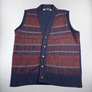 VTG JC Penney Cardigan Sweater Mens Large Knit Plaid Shetland Wool USA 70s True